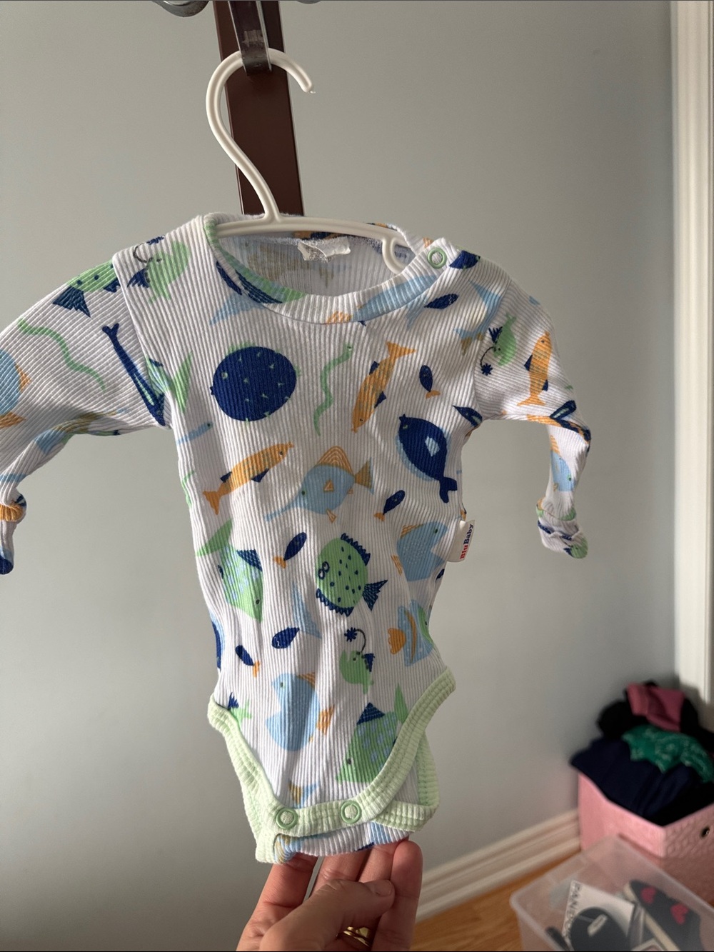 Baby Long-Sleeve Onesie with Fish Print - Blue, Green, Yellow